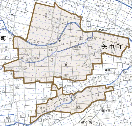 大字太田とその周辺の地図。町の範囲を重ねている