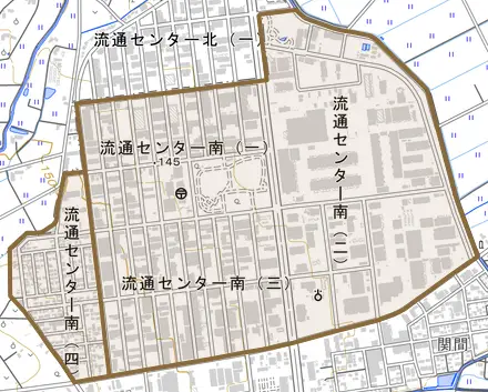 流通センター南とその周辺の地図。町の範囲を重ねている