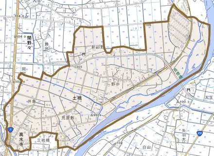 大字土橋とその周辺の地図。町の範囲を重ねている