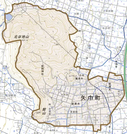 大字和味とその周辺の地図。町の範囲を重ねている