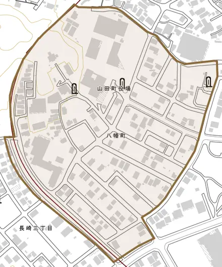 八幡町とその周辺の地図。町の範囲を重ねている