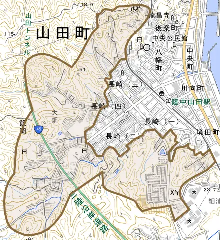 飯岡とその周辺の地図。町の範囲を重ねている
