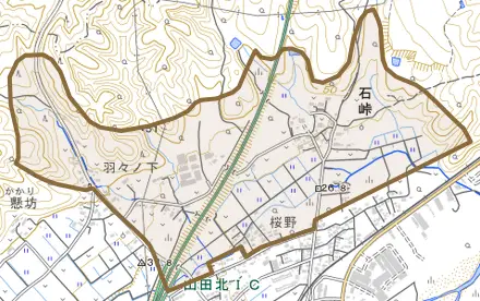 石峠とその周辺の地図。町の範囲を重ねている