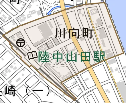 川向町とその周辺の地図。町の範囲を重ねている