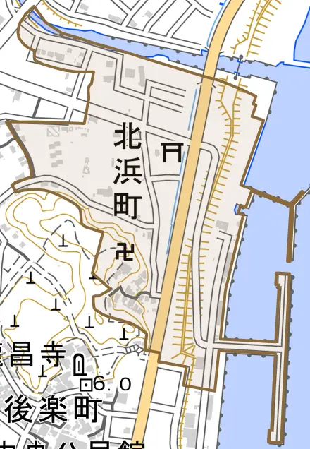 北浜町とその周辺の地図。町の範囲を重ねている
