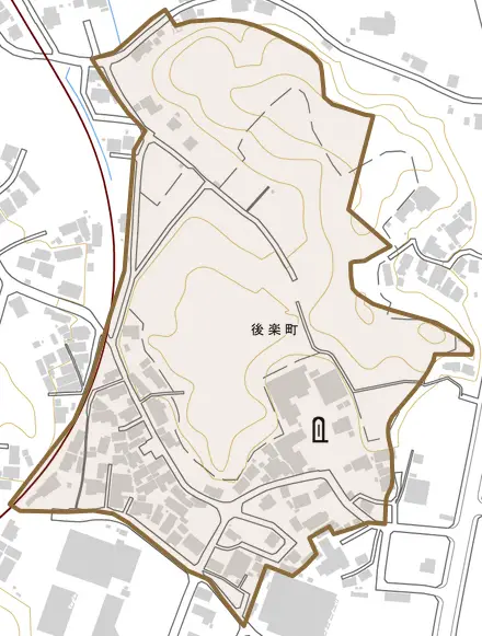 後楽町とその周辺の地図。町の範囲を重ねている
