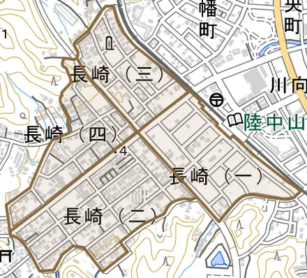 長崎とその周辺の地図。町の範囲を重ねている