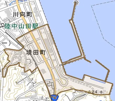境田町とその周辺の地図。町の範囲を重ねている
