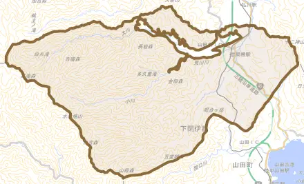 豊間根とその周辺の地図。町の範囲を重ねている