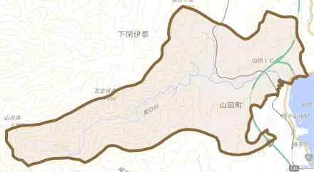 山田とその周辺の地図。町の範囲を重ねている