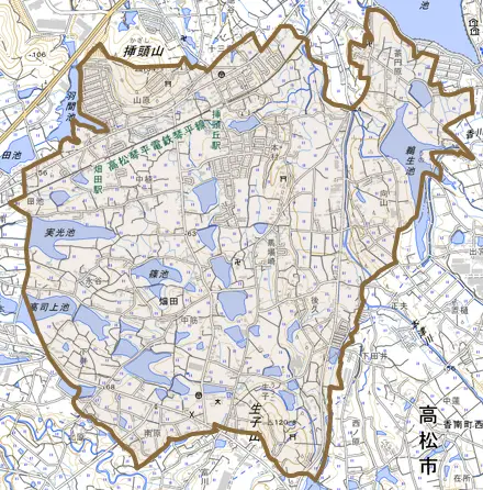 畑田とその周辺の地図。町の範囲を重ねている