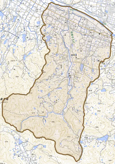 羽床上とその周辺の地図。町の範囲を重ねている