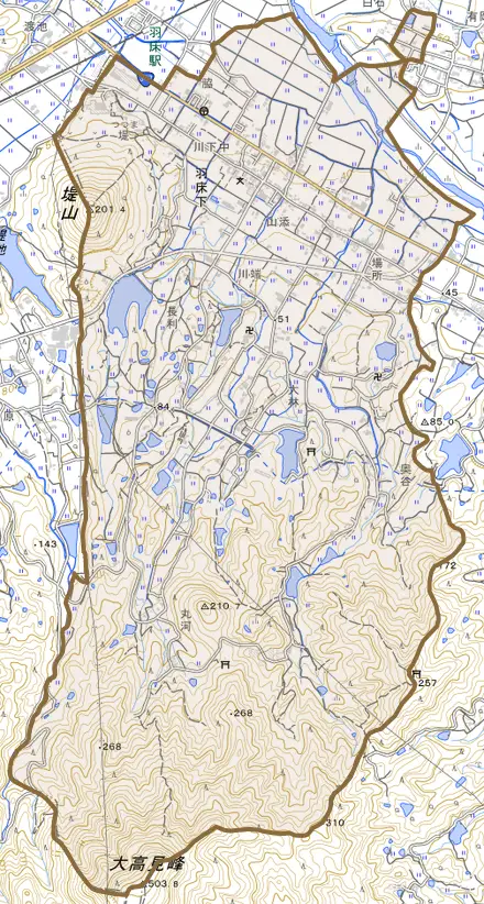 羽床下とその周辺の地図。町の範囲を重ねている