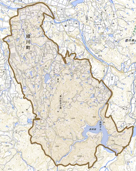 東分とその周辺の地図。町の範囲を重ねている