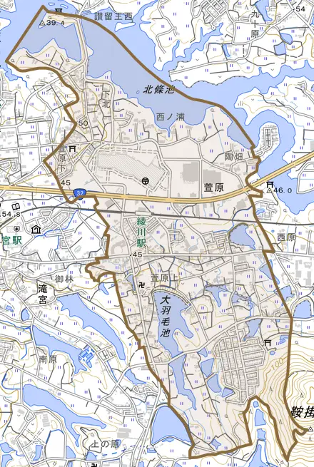 萱原とその周辺の地図。町の範囲を重ねている