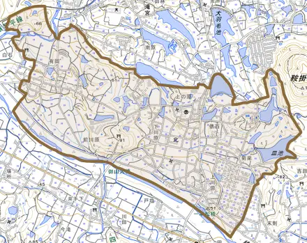 北とその周辺の地図。町の範囲を重ねている