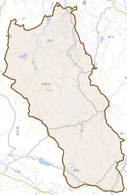 西分とその周辺の地図。町の範囲を重ねている