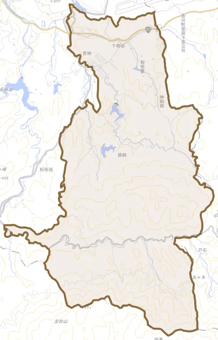 枌所東とその周辺の地図。町の範囲を重ねている