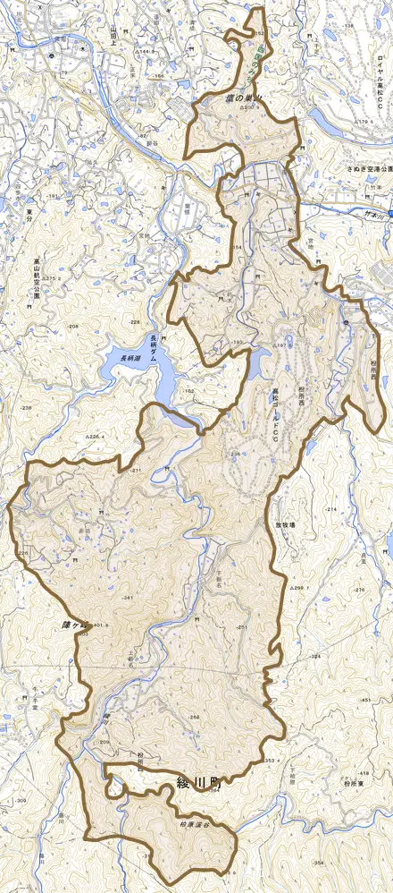 枌所西とその周辺の地図。町の範囲を重ねている