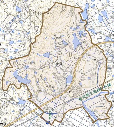 小野とその周辺の地図。町の範囲を重ねている