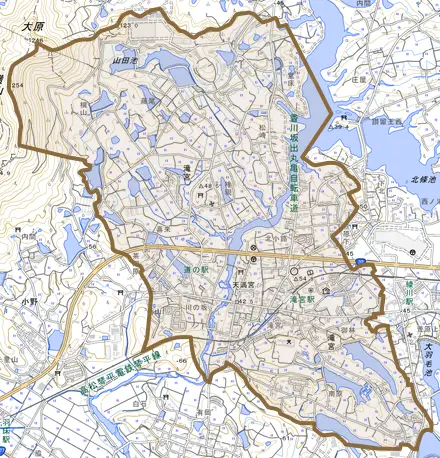 滝宮とその周辺の地図。町の範囲を重ねている