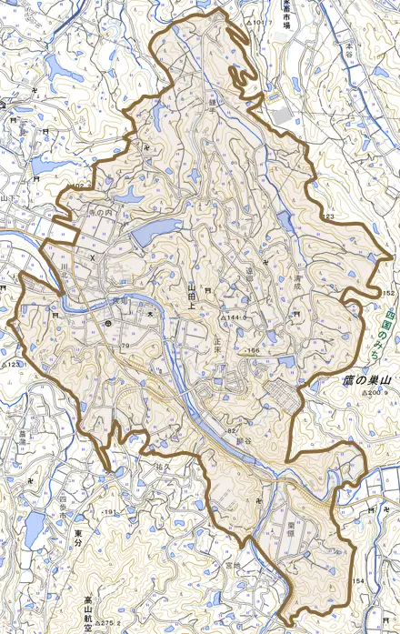 山田上とその周辺の地図。町の範囲を重ねている