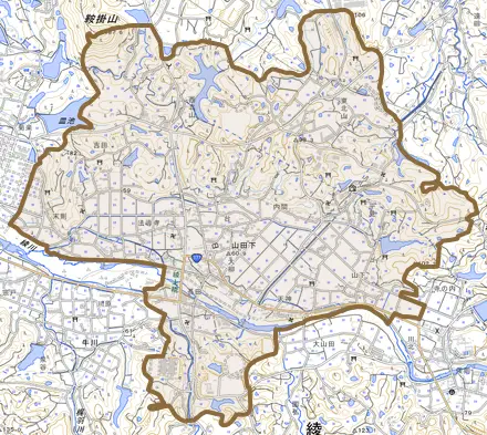 山田下とその周辺の地図。町の範囲を重ねている