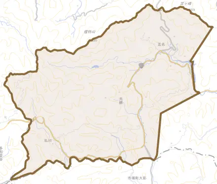 五名とその周辺の地図。町の範囲を重ねている