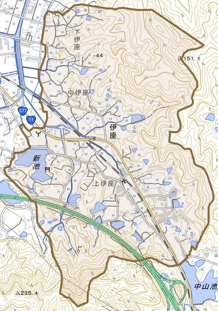伊座とその周辺の地図。町の範囲を重ねている