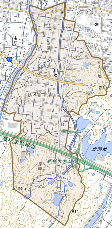 川東とその周辺の地図。町の範囲を重ねている