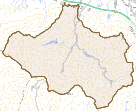 川股とその周辺の地図。町の範囲を重ねている