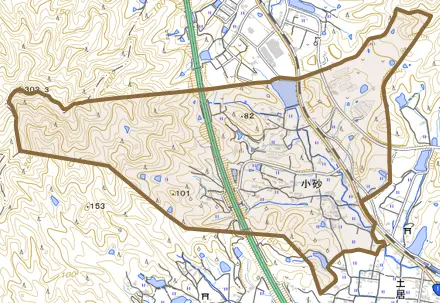 小砂とその周辺の地図。町の範囲を重ねている