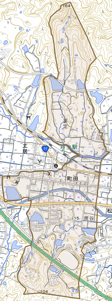 町田とその周辺の地図。町の範囲を重ねている
