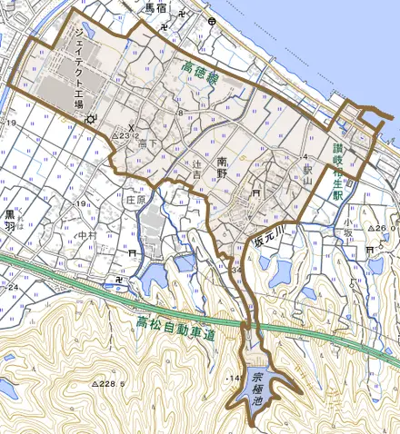 南野とその周辺の地図。町の範囲を重ねている