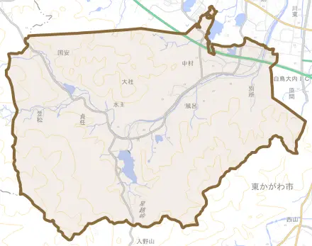 水主とその周辺の地図。町の範囲を重ねている