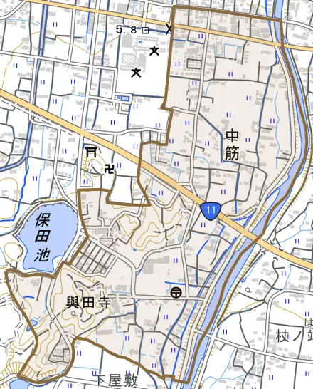 中筋とその周辺の地図。町の範囲を重ねている