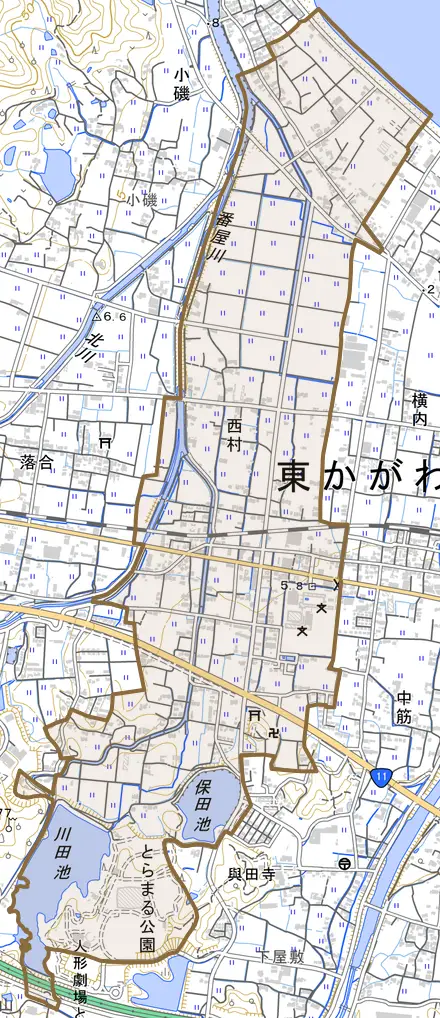 西村とその周辺の地図。町の範囲を重ねている