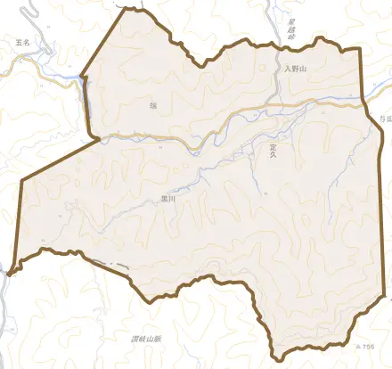 入野山とその周辺の地図。町の範囲を重ねている