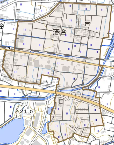 落合とその周辺の地図。町の範囲を重ねている