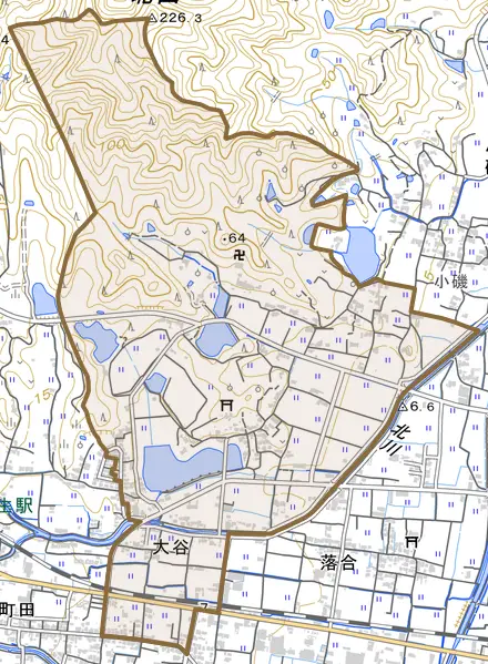 大谷とその周辺の地図。町の範囲を重ねている