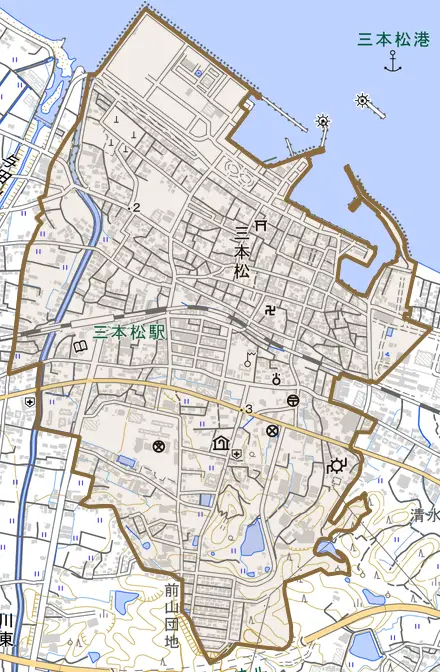 三本松とその周辺の地図。町の範囲を重ねている