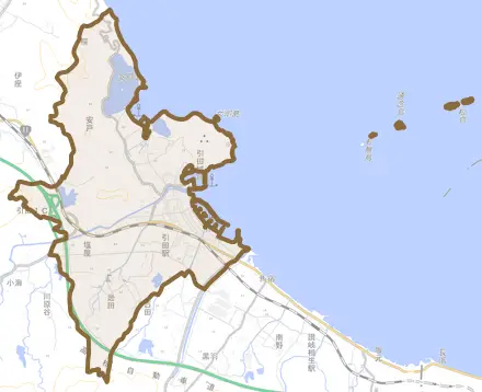 引田とその周辺の地図。町の範囲を重ねている