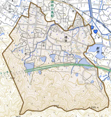 帰来とその周辺の地図。町の範囲を重ねている