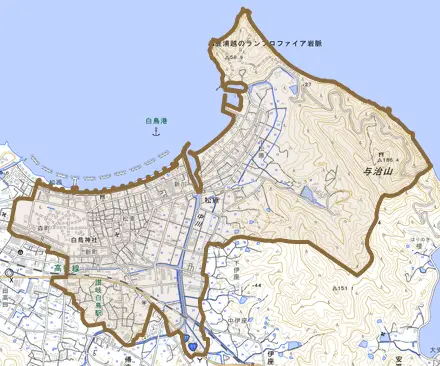 松原とその周辺の地図。町の範囲を重ねている