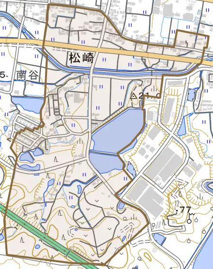 松崎とその周辺の地図。町の範囲を重ねている