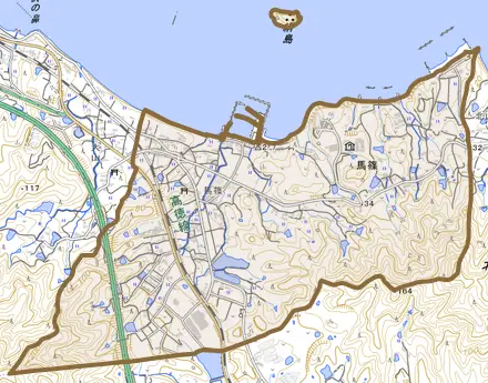 馬篠とその周辺の地図。町の範囲を重ねている