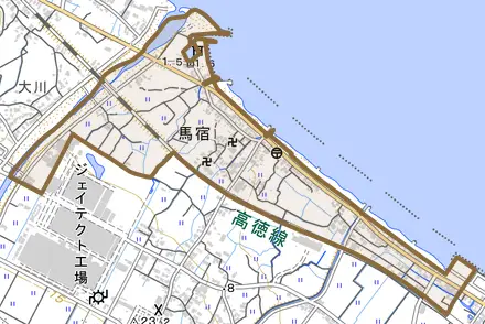 馬宿とその周辺の地図。町の範囲を重ねている