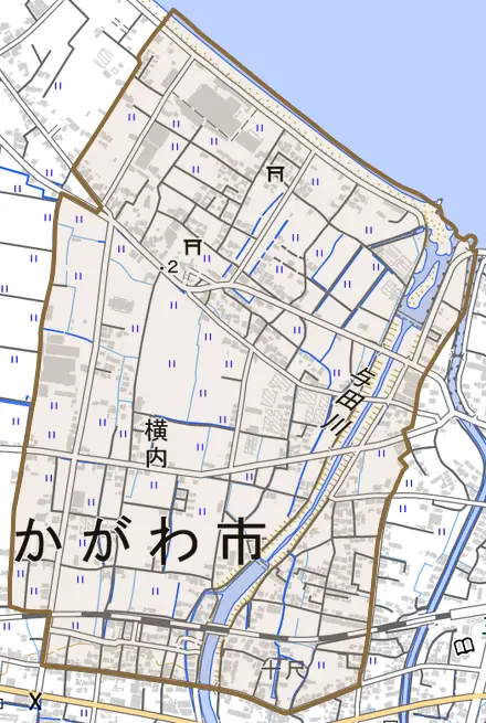 横内とその周辺の地図。町の範囲を重ねている