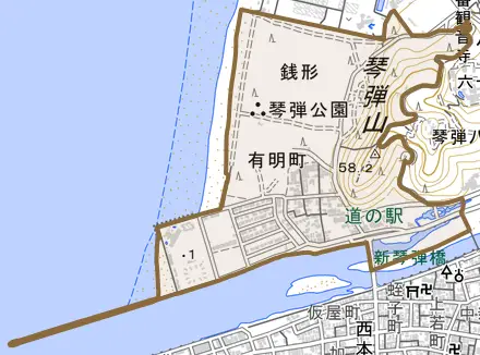 有明町とその周辺の地図。町の範囲を重ねている