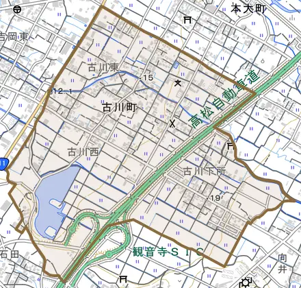 古川町とその周辺の地図。町の範囲を重ねている